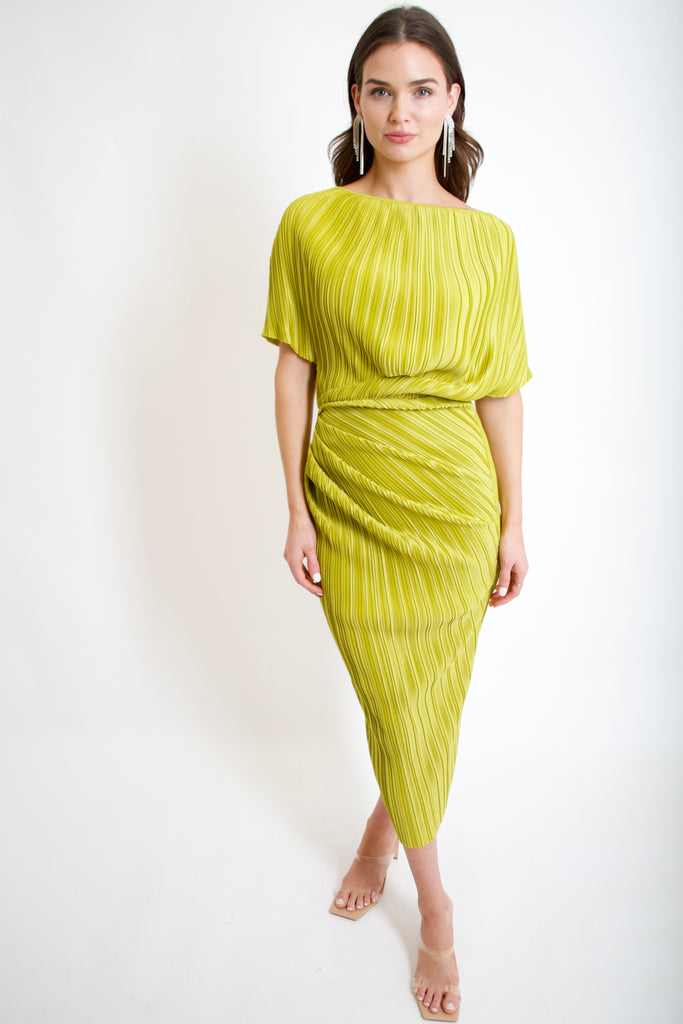 Chartreuse Plissé Midi Dress