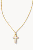 Cross Gold Pendant Necklace in White Kyocera Opal