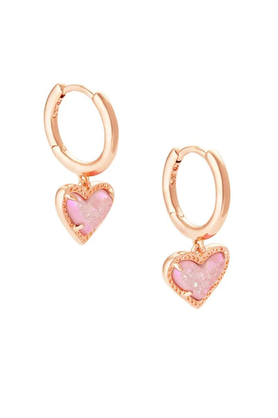 Ari Heart Rose Gold Huggie Earrings in Light Pink Drusy
