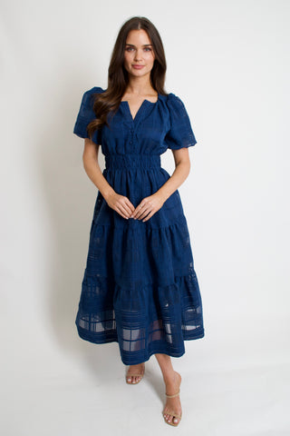 Navy Windowpane Midi Dress