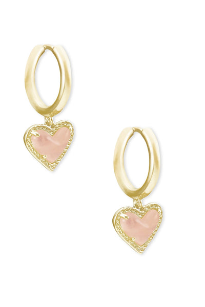 Ari Heart Gold Huggie Earrings in Rose Quartz