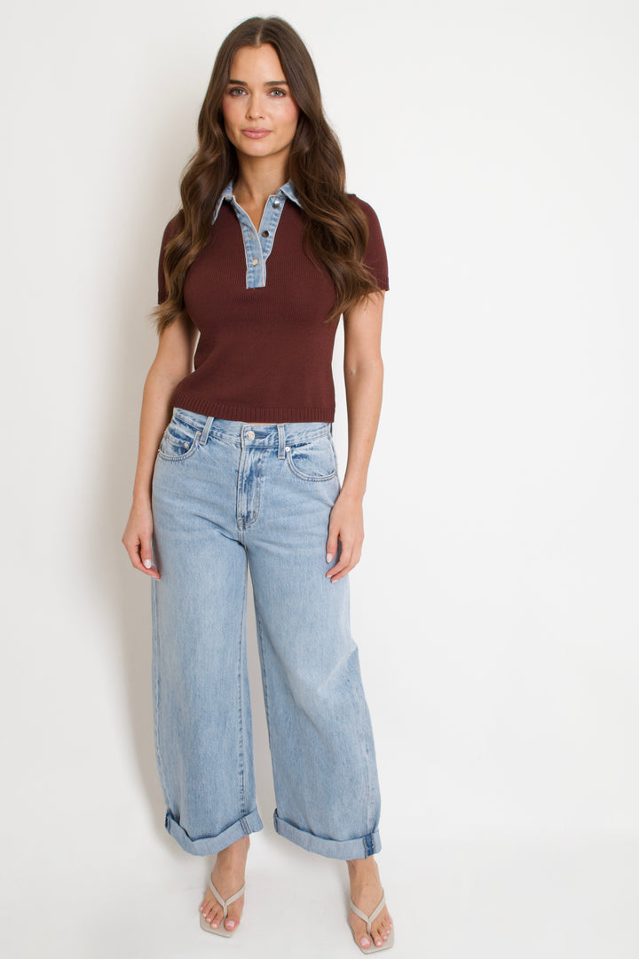 Denim Contrast Knit Top