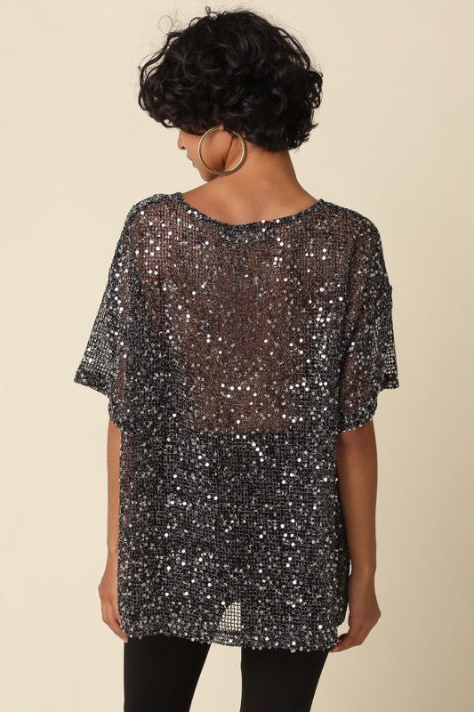 Rena Sequin Mesh Top // black
