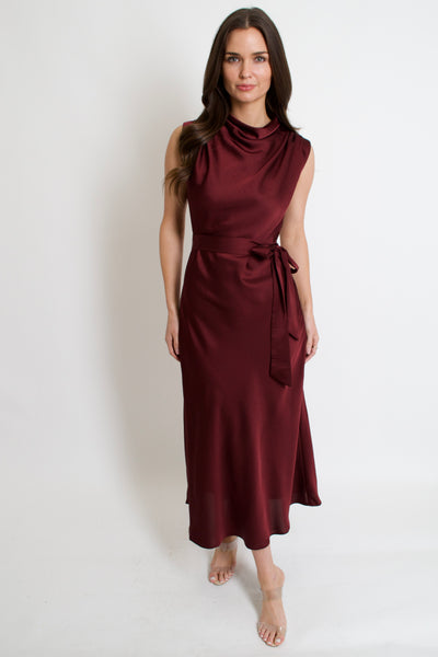 Wine Satin Mockneck Dress