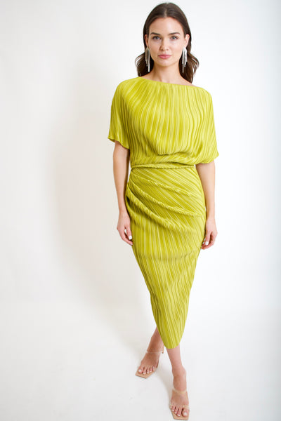 Chartreuse Plissé Midi Dress