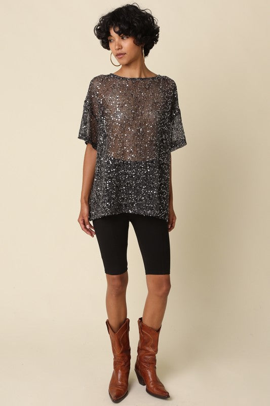 Rena Sequin Mesh Top // black