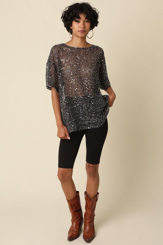 Rena Sequin Mesh Top // black