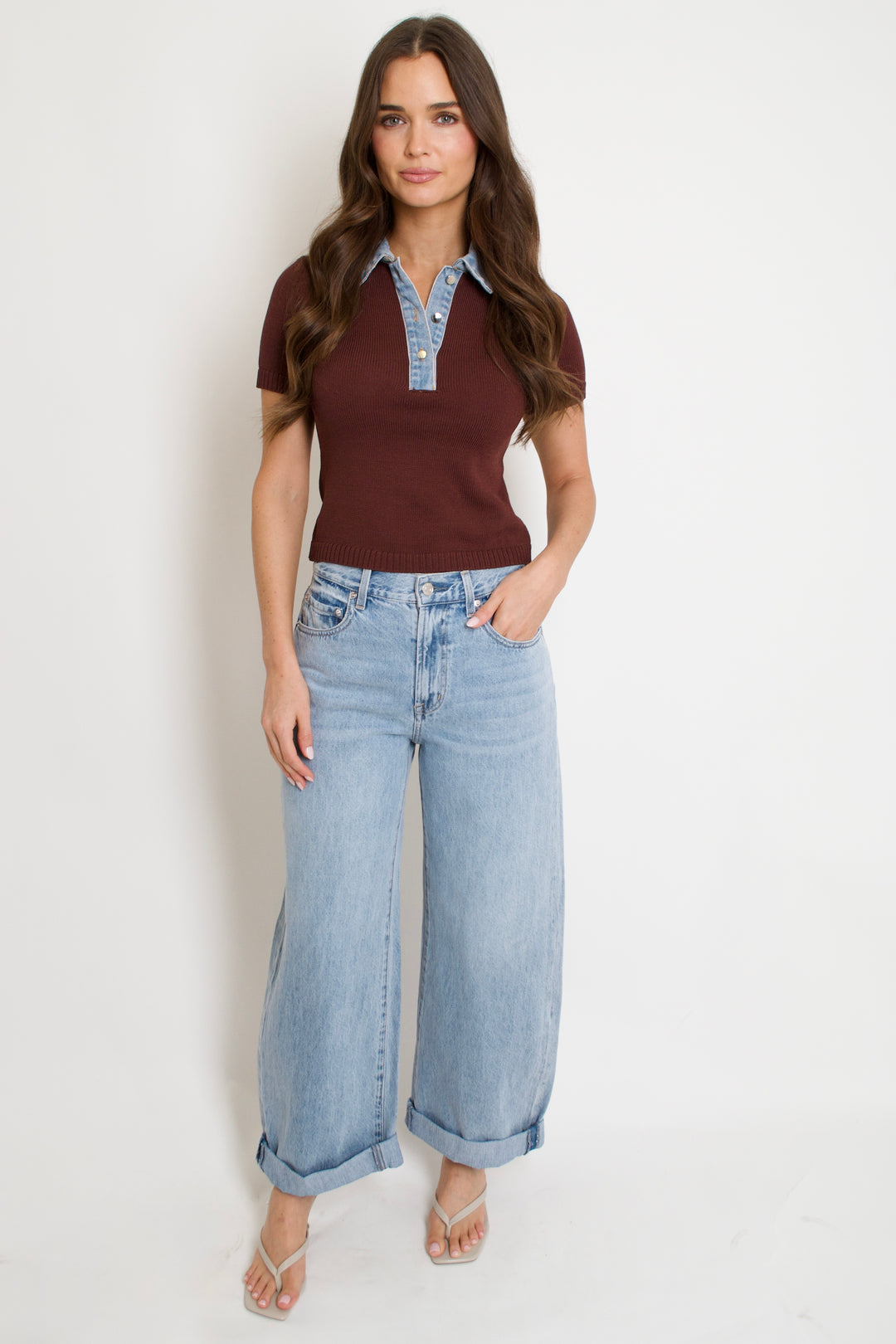 Denim Contrast Knit Top
