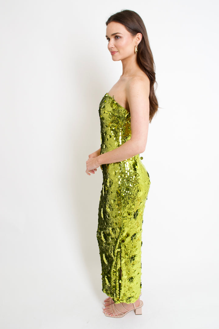 Chartreuse Sequin Midi Dress