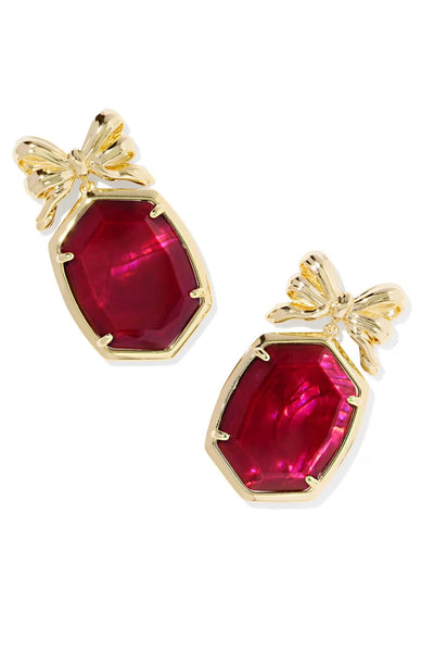 Daphne Bow Gold Drop Earrings in Dark Burgundy Illusion