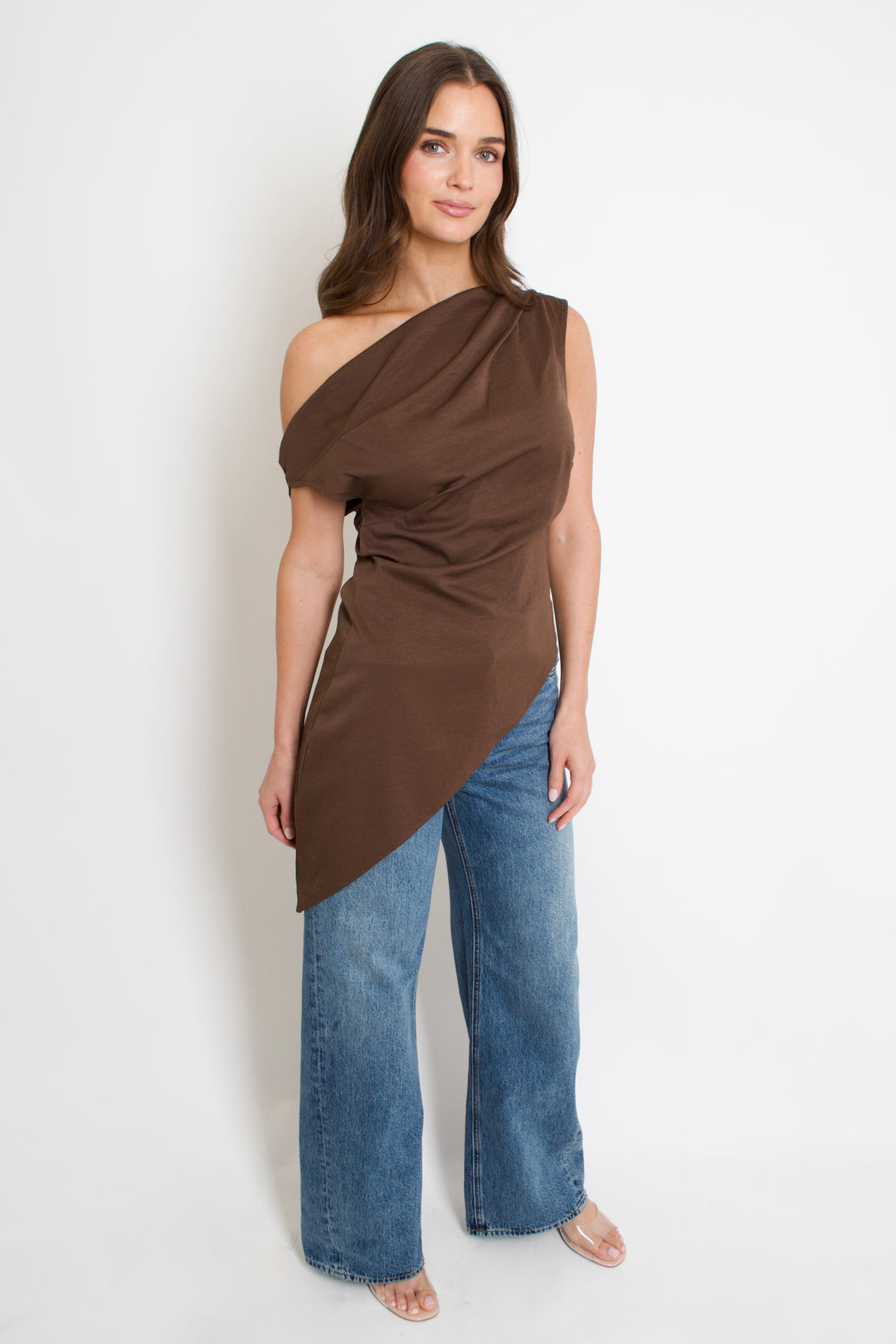 Asymmetrical One-Shoulder Top: Brown