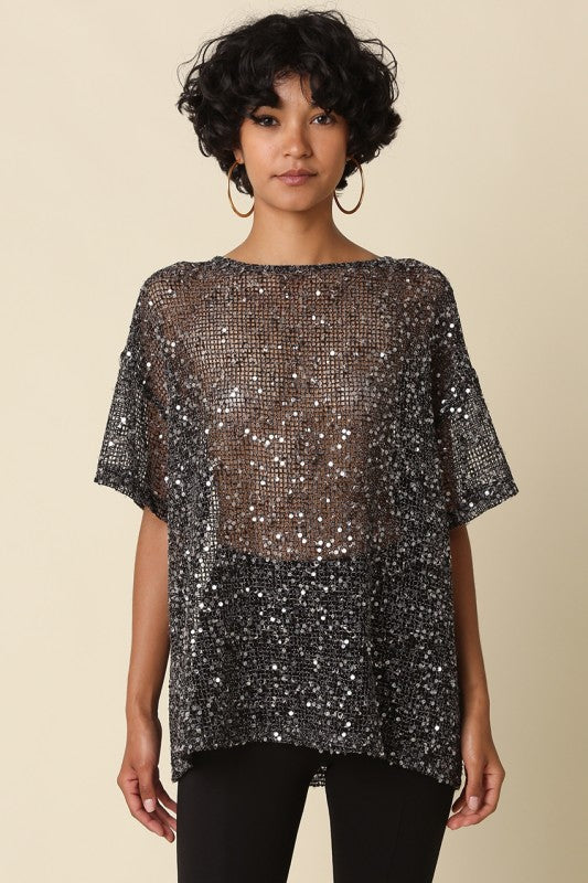 Rena Sequin Mesh Top // black