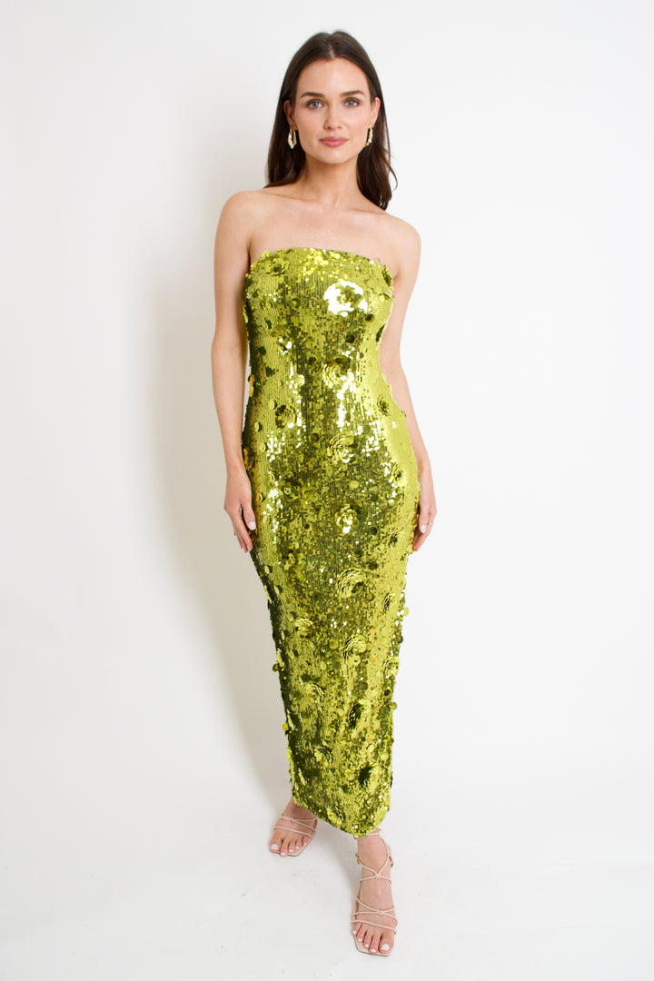 Chartreuse Sequin Midi Dress