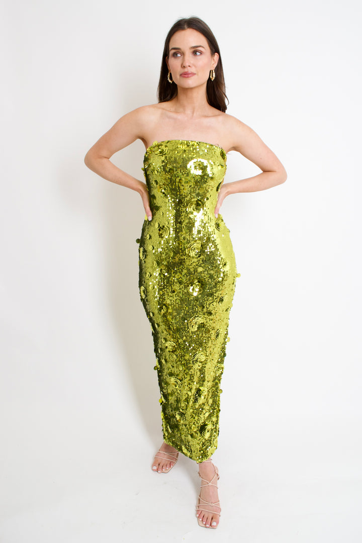 Chartreuse Sequin Midi Dress