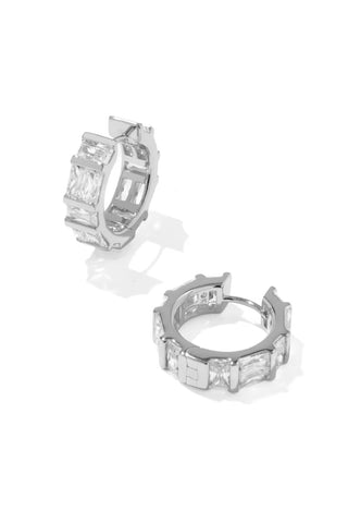 Jaime Silver Huggie Earrings in White Crystal
