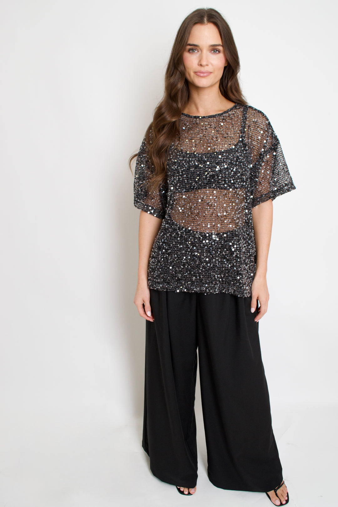 Rena Sequin Mesh Top // black