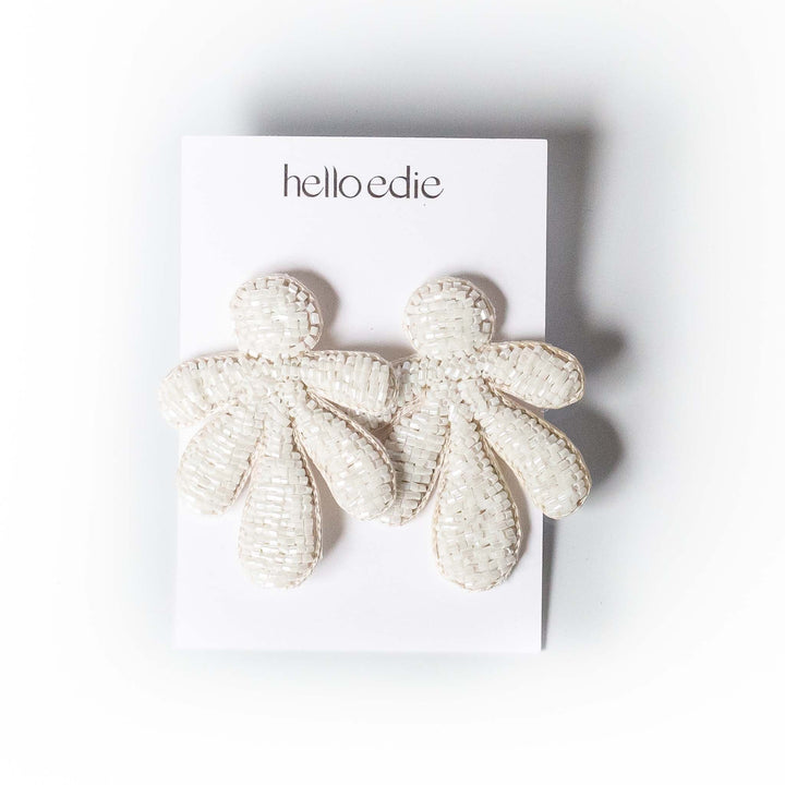 HELLO EDIE // Beaded Fan Earrings in WHITE