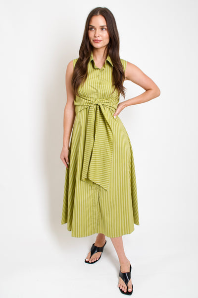 Olive Stripe Poplin Tie Shirt Dress
