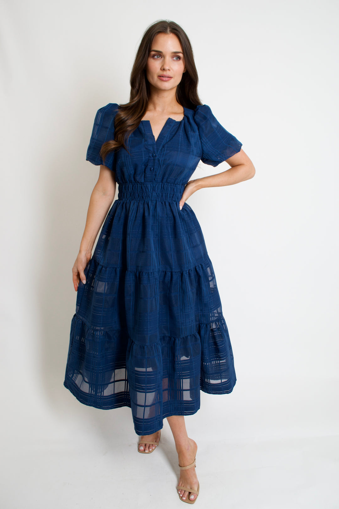 Navy Windowpane Midi Dress