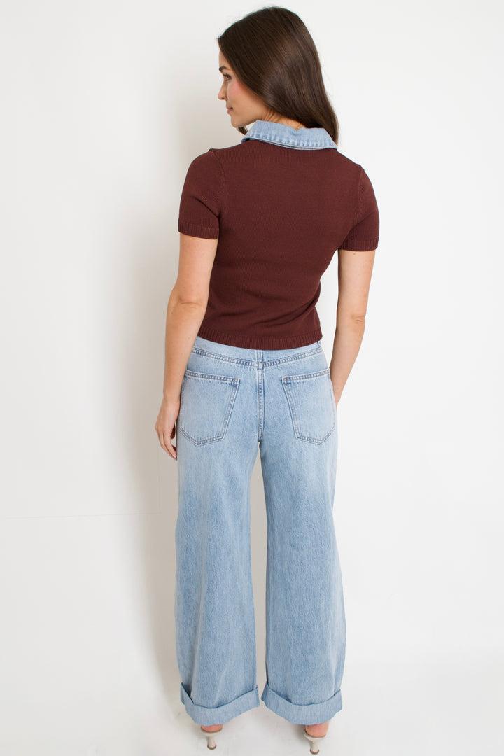 Denim Contrast Knit Top