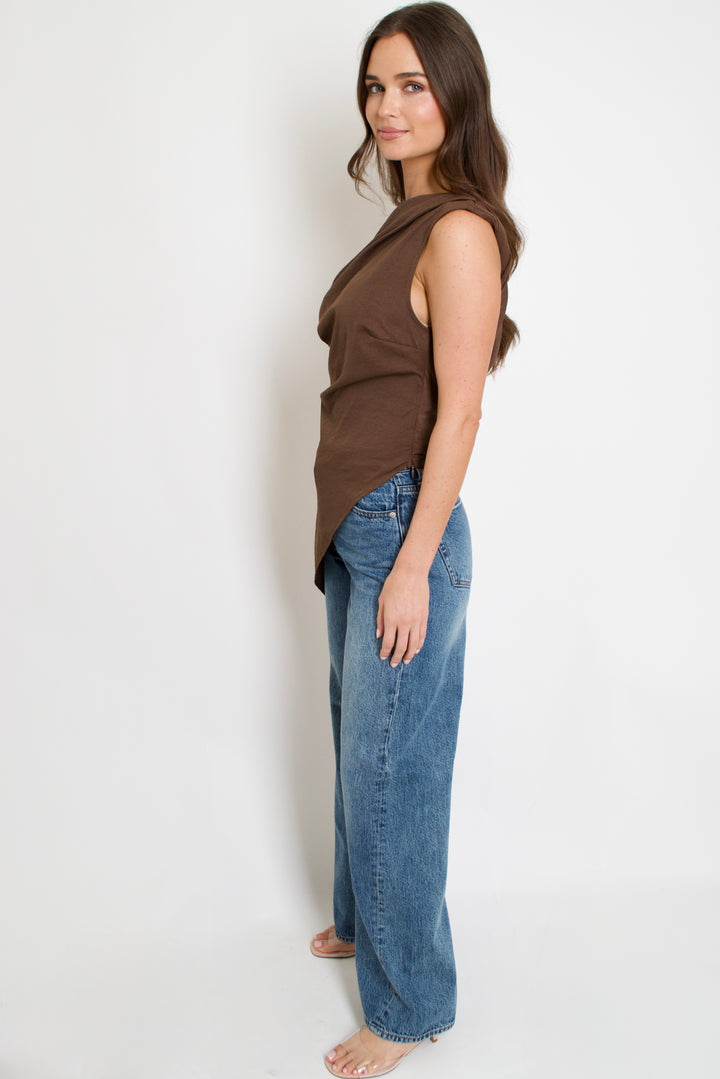Asymmetrical One-Shoulder Top: Brown