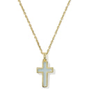 Cross Pendent Necklace in Gold Blue Dichroic Glass