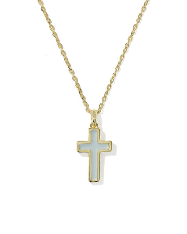 Cross Pendent Necklace in Gold Blue Dichroic Glass