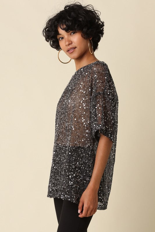 Rena Sequin Mesh Top // black