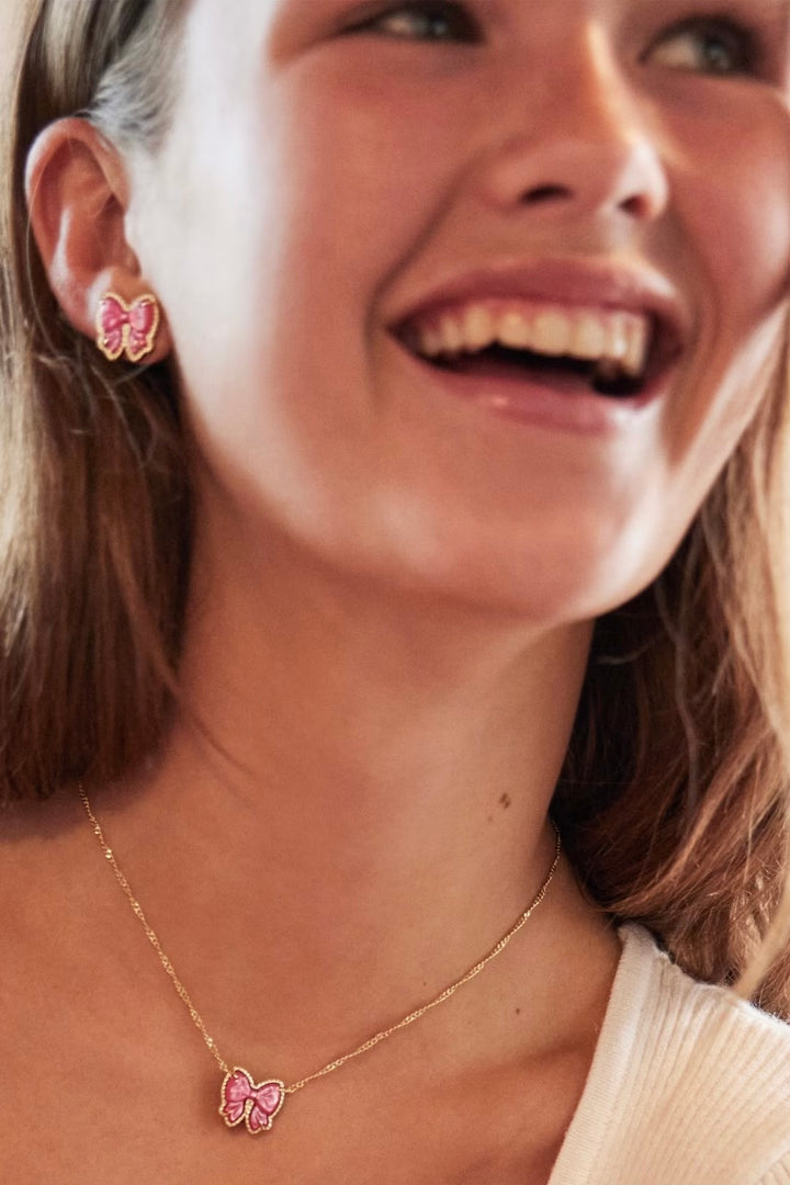 Haley Bow Gold Stud Earrings in Rose Violet Mother-of-Pearl
