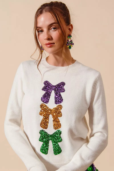 Sequin Bow Mardi Gras Sweater