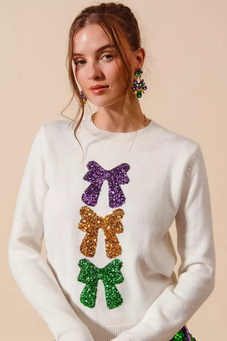 Sequin Bow Mardi Gras Sweater