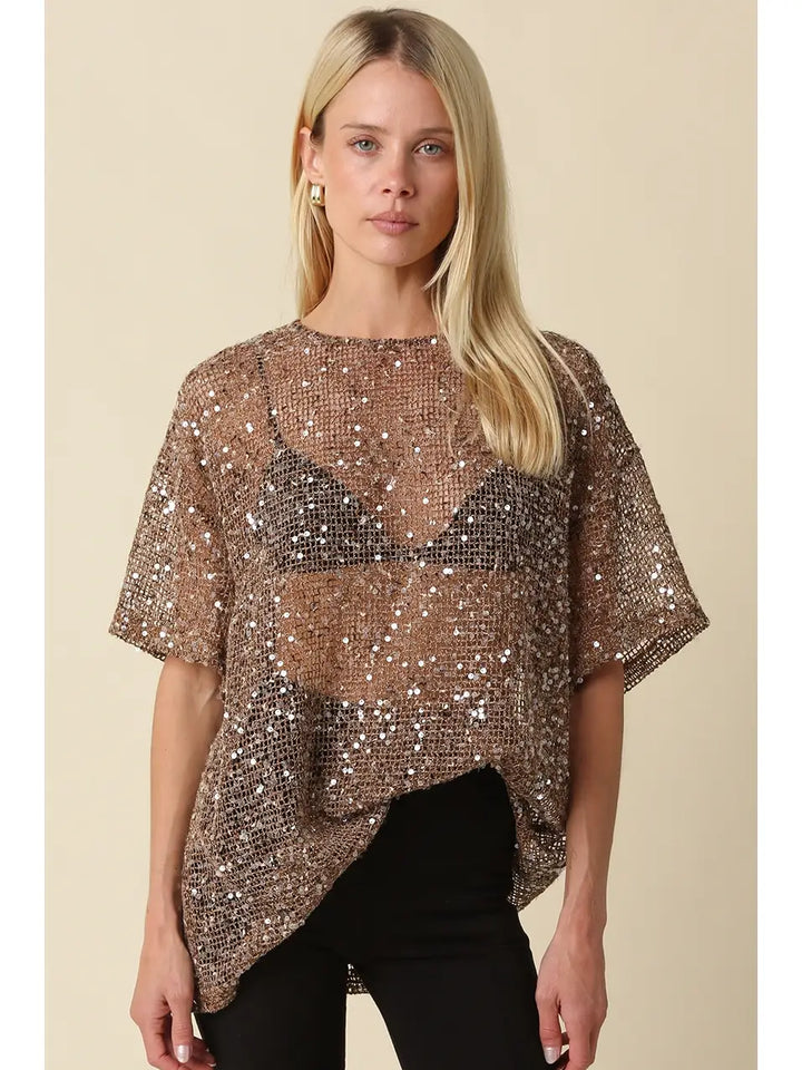 Bronze Sequin Mesh Top