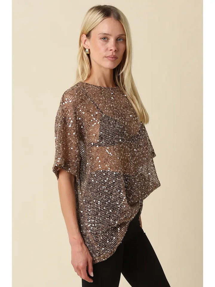 Bronze Sequin Mesh Top