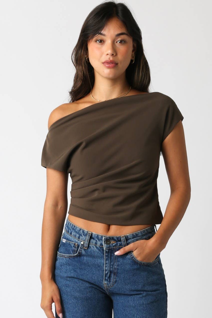 Hana Draped Shoulder Top // ash brown