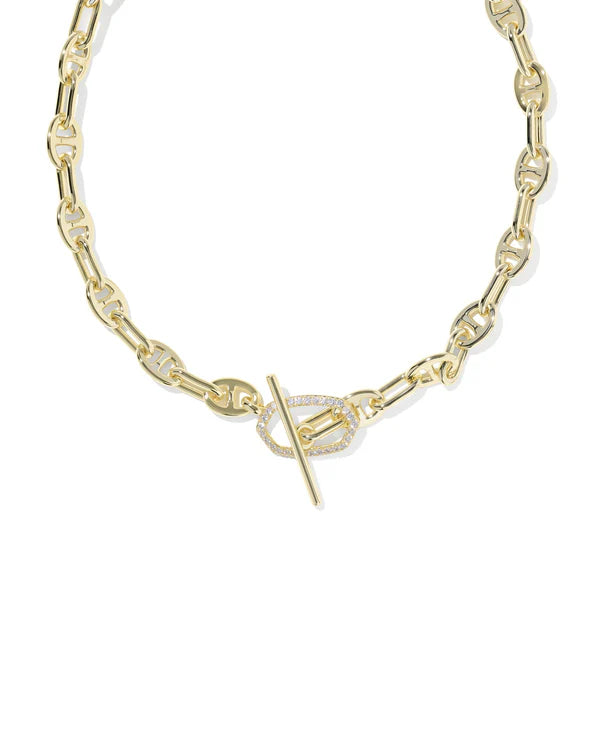 Elisa Toggle Link and Chain Necklace - Gold White CZ