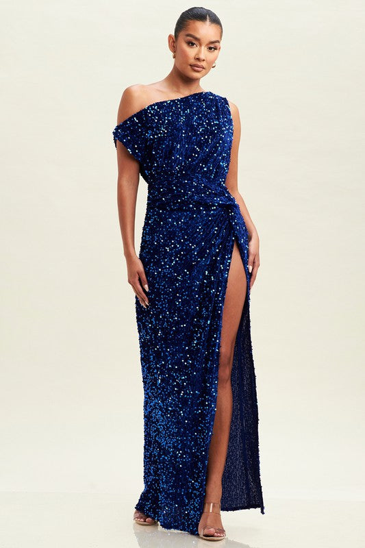 Cobalt Velvet Sequin Gown